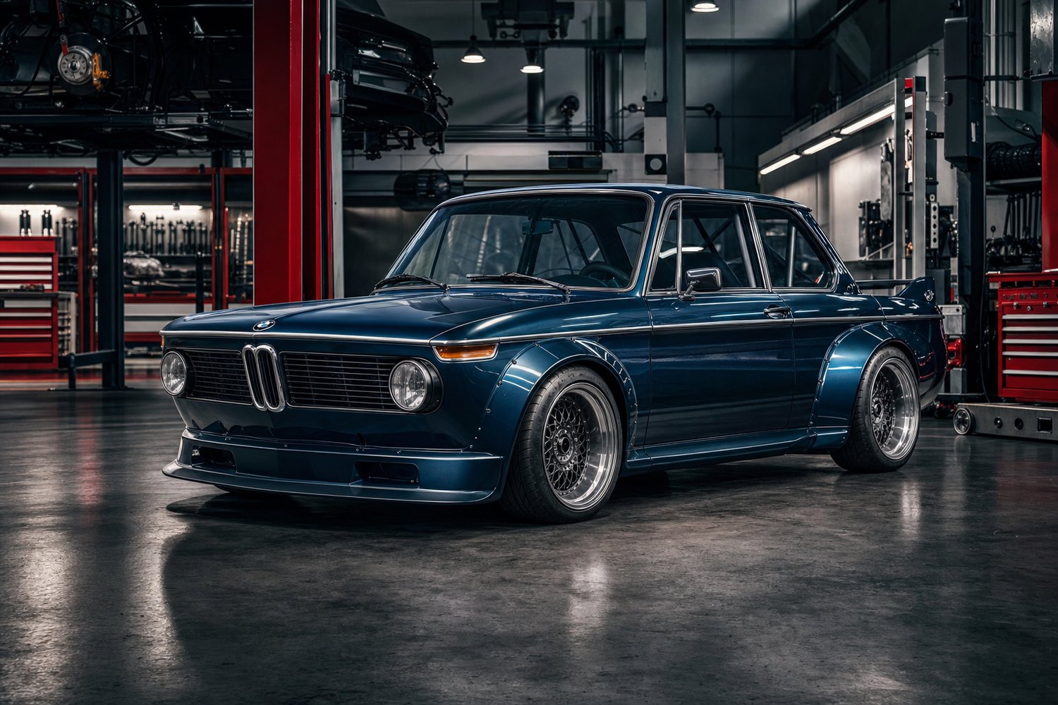 BMW 2002 Tii Ultrabox en atelier de tuning, carrosserie modifiée bleu métallisé avec aileron arrière