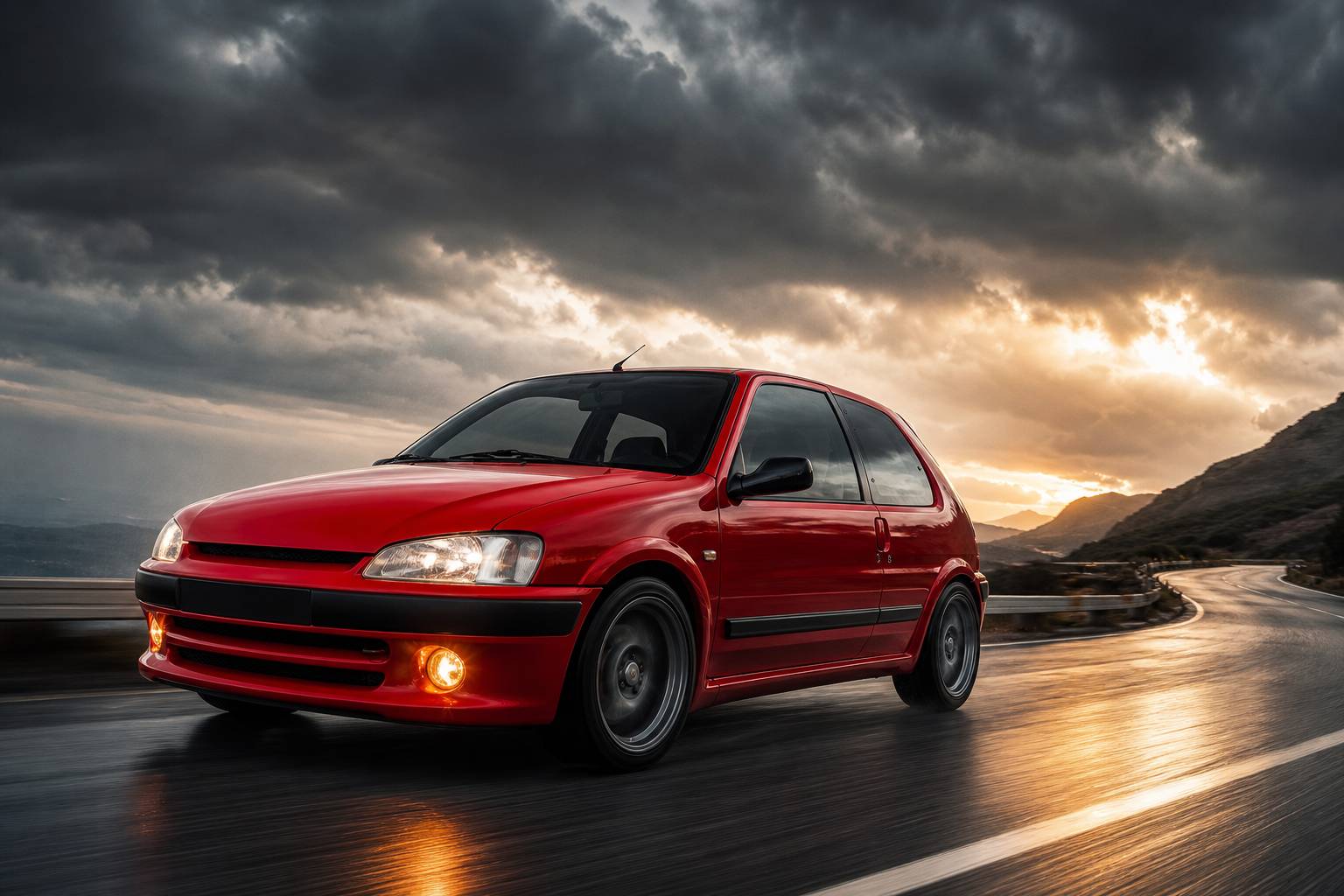 Peugeot 106 S16 rouge sportive vue de trois-quarts avant sous un ciel nuageux
