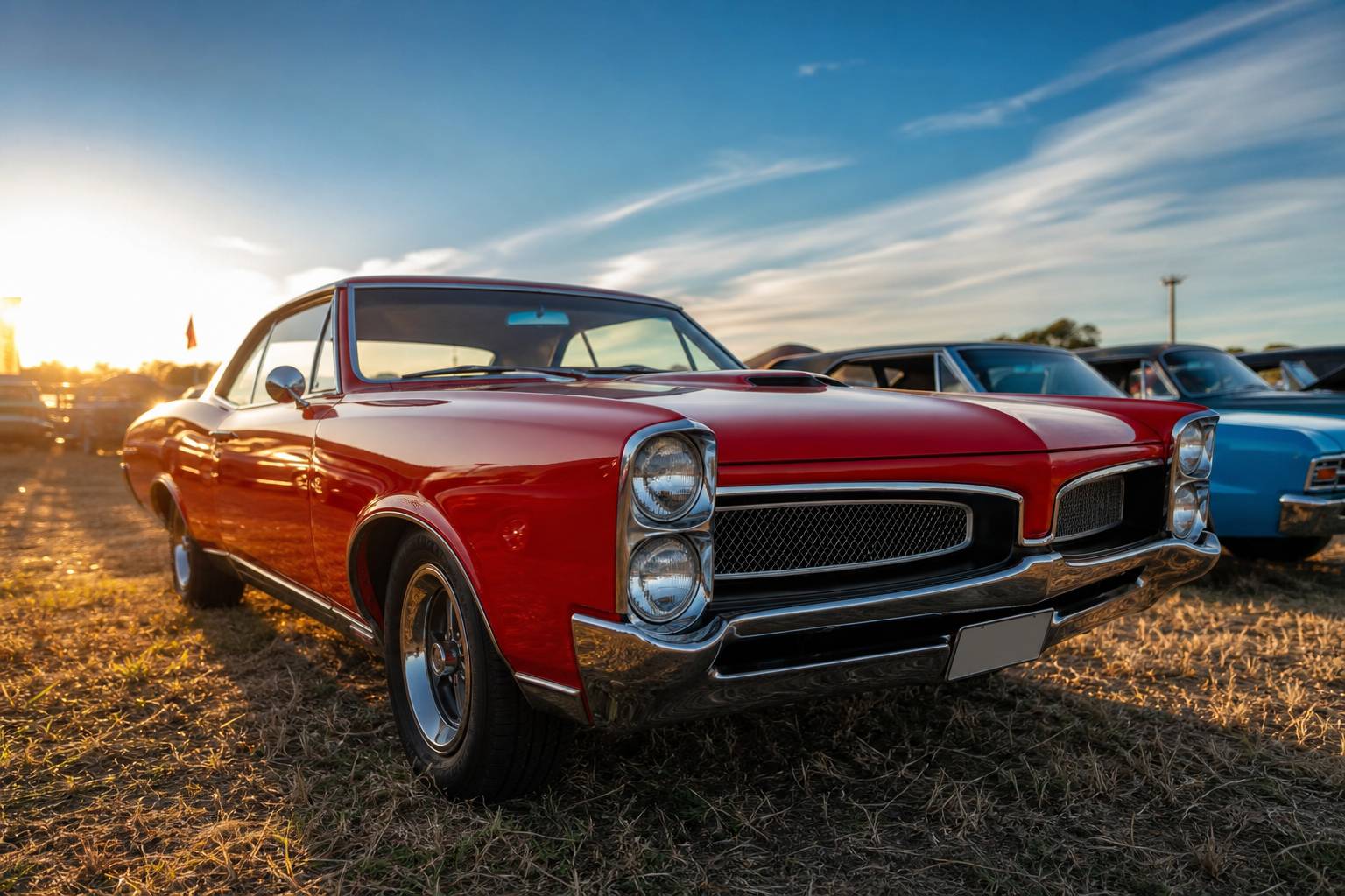 Voiture ancienne Pontiac GTO rouge sur un champ de foire automobile classique ensoleille