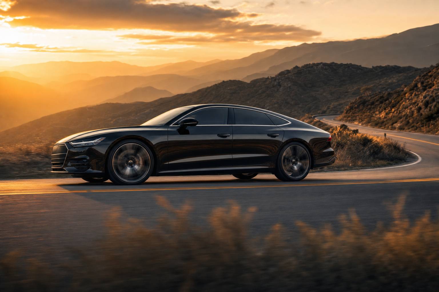 Berline Audi A7 profilée sur route sinueuse au coucher du soleil avec reflets métalliques