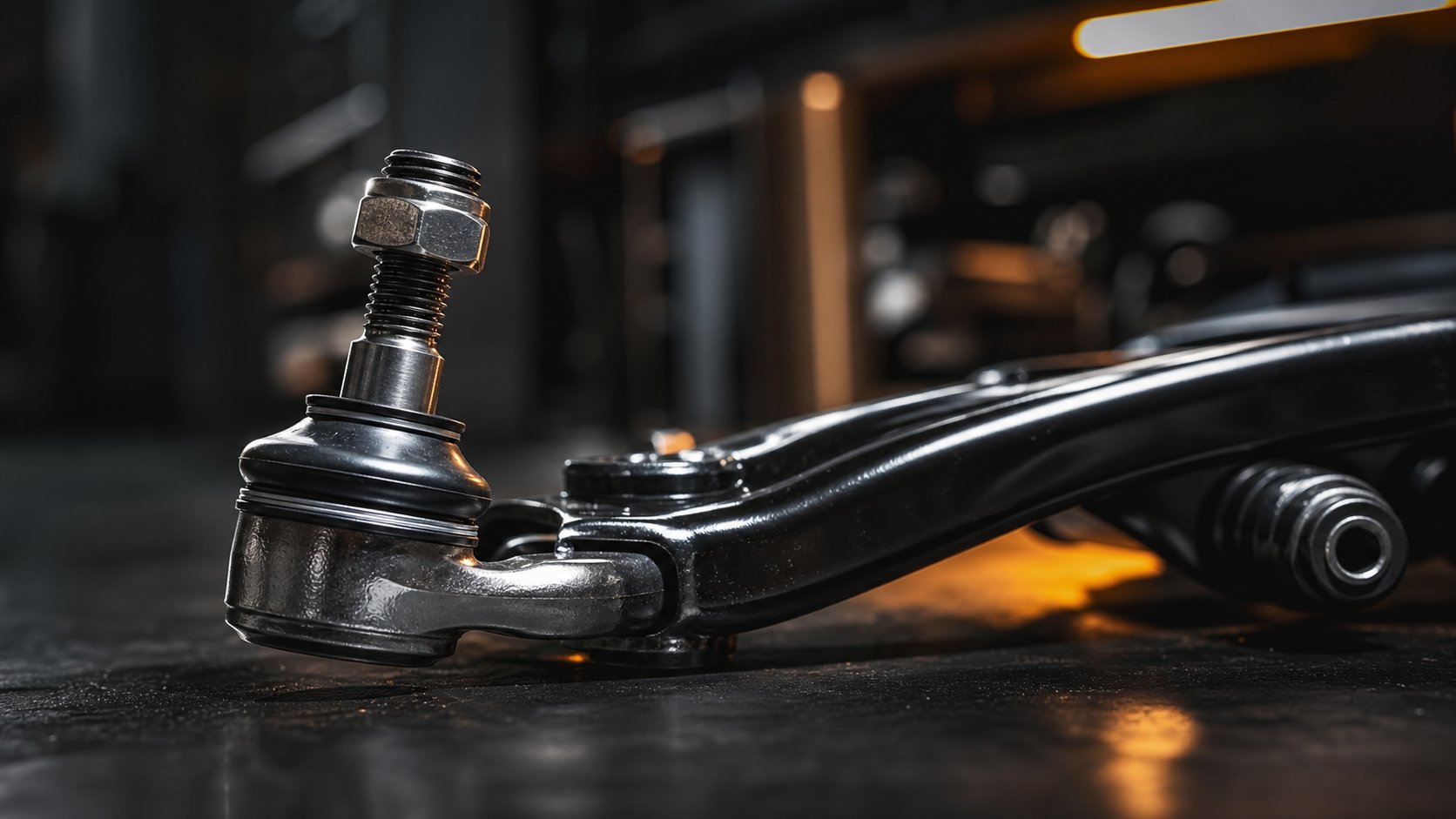 Biellette de suspension automobile chromee en gros plan dans atelier