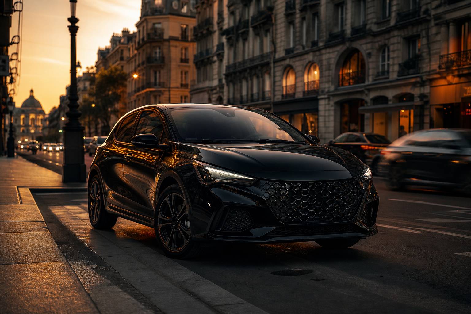 Citroën C3 moderne garée en ville à l'heure dorée, reflets sur carrosserie laquée