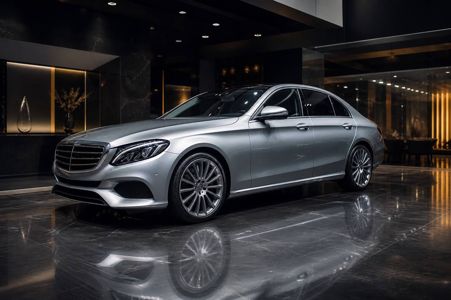 Mercedes Classe C argentée dans un showroom moderne avec éclairage zénithal et sol brillant