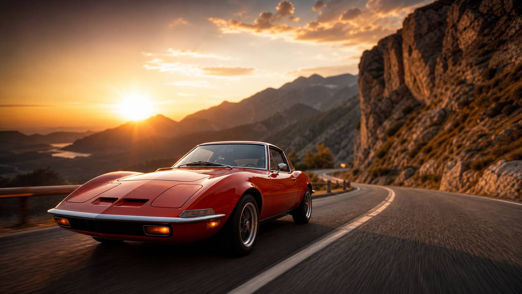 Opel GT ancienne sportive rouge sur route sinueuse coucher de soleil