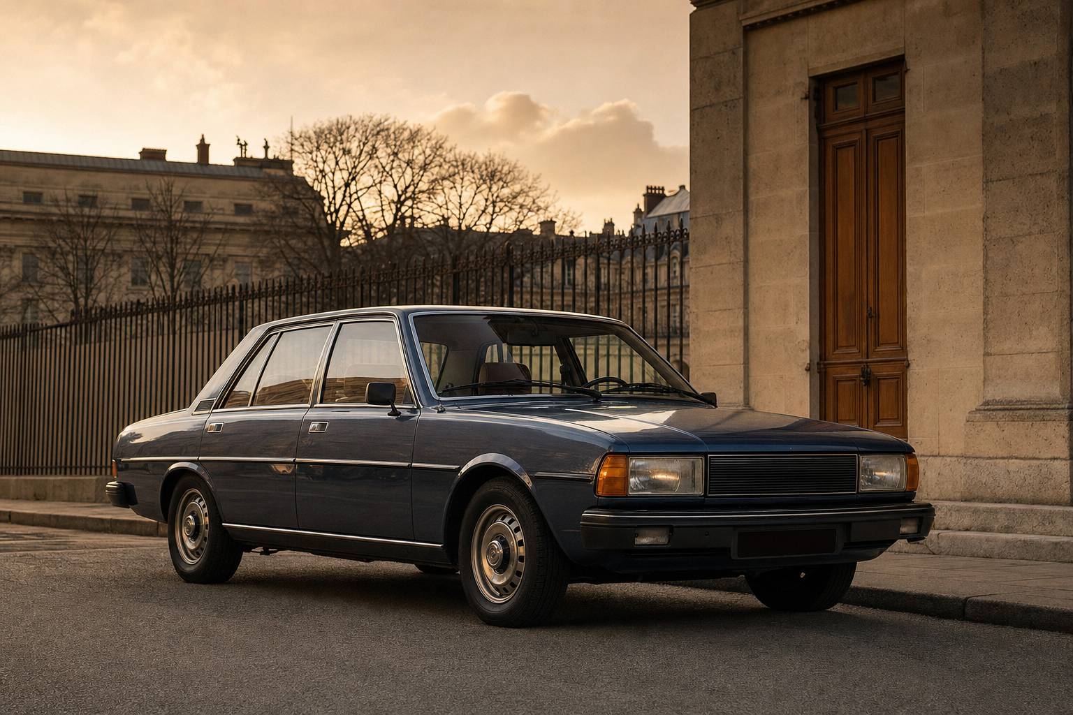 Peugeot 604 berline élégante des années 80 garée en ville avec ciel doré