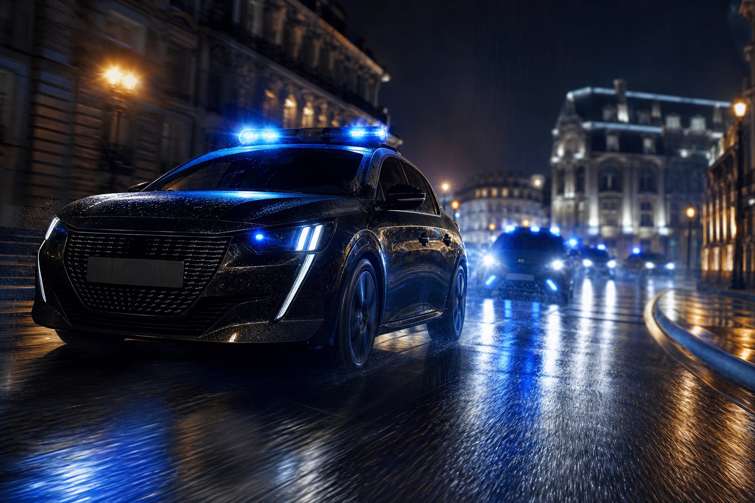 Vehicule police francaise nuit reflets lumieres bleues atmospherique action