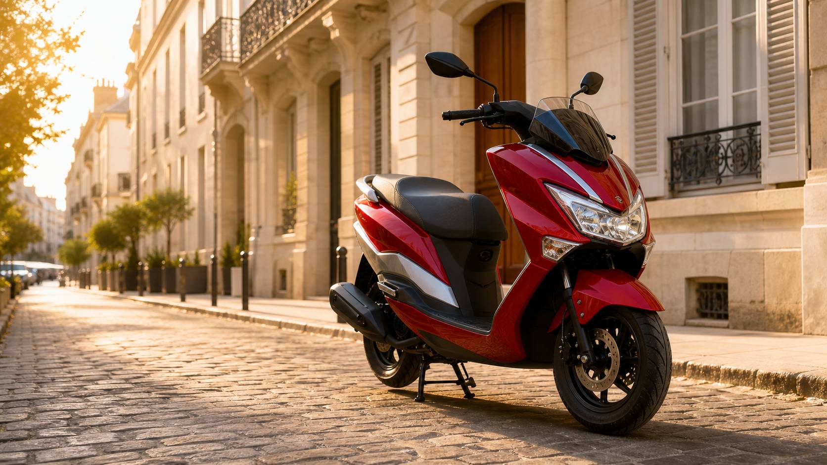 Scooter Suzuki Burgman 125EX dans rue pavée ensoleillée architecture ancienne arrière-plan