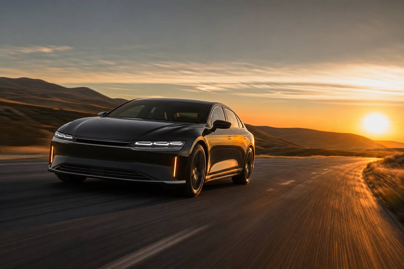 Voiture moderne roulant sur une route de campagne au coucher du soleil