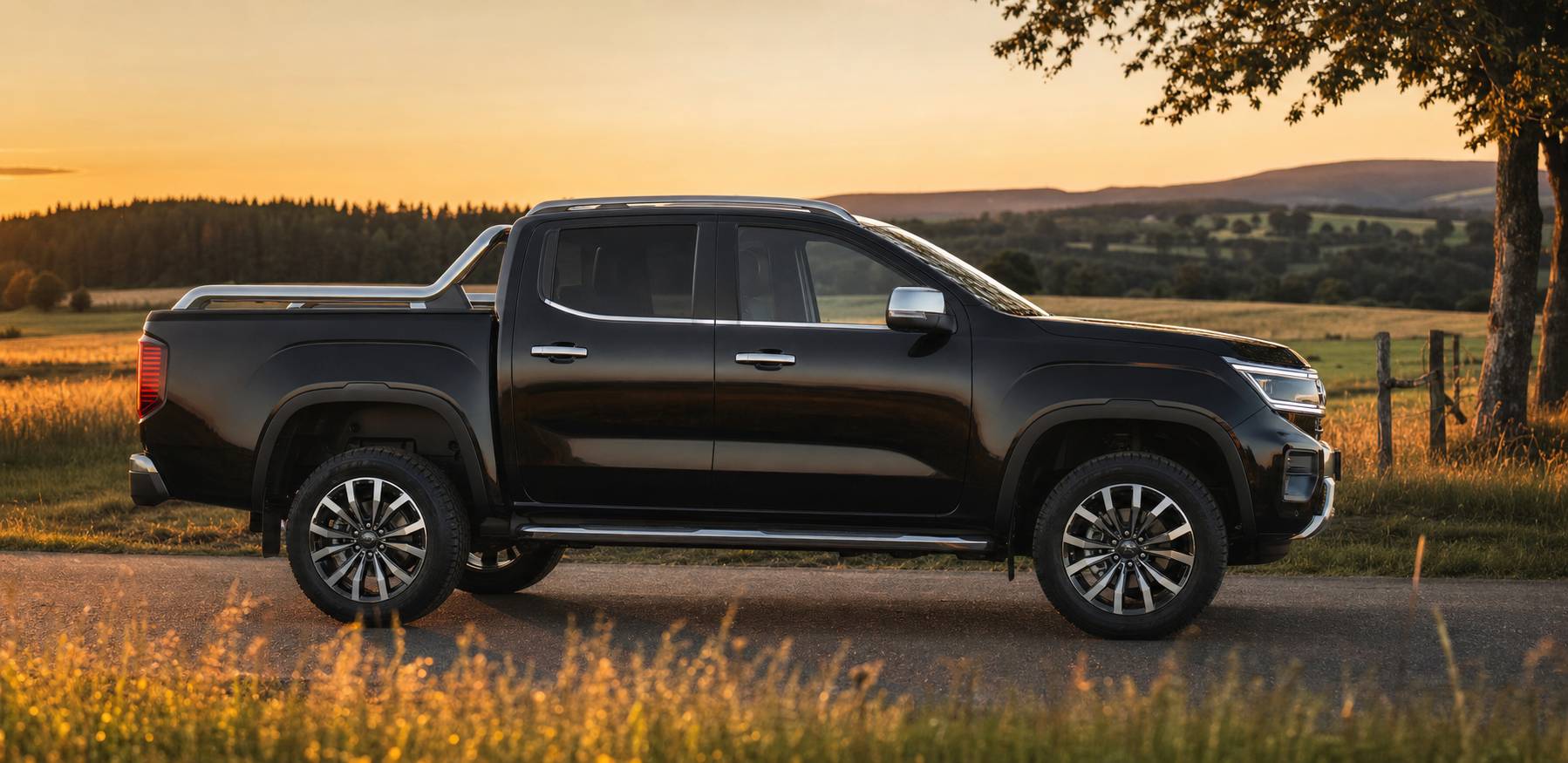 Pick-up Volkswagen Amarok moderne sur route campagne profil robuste paysage