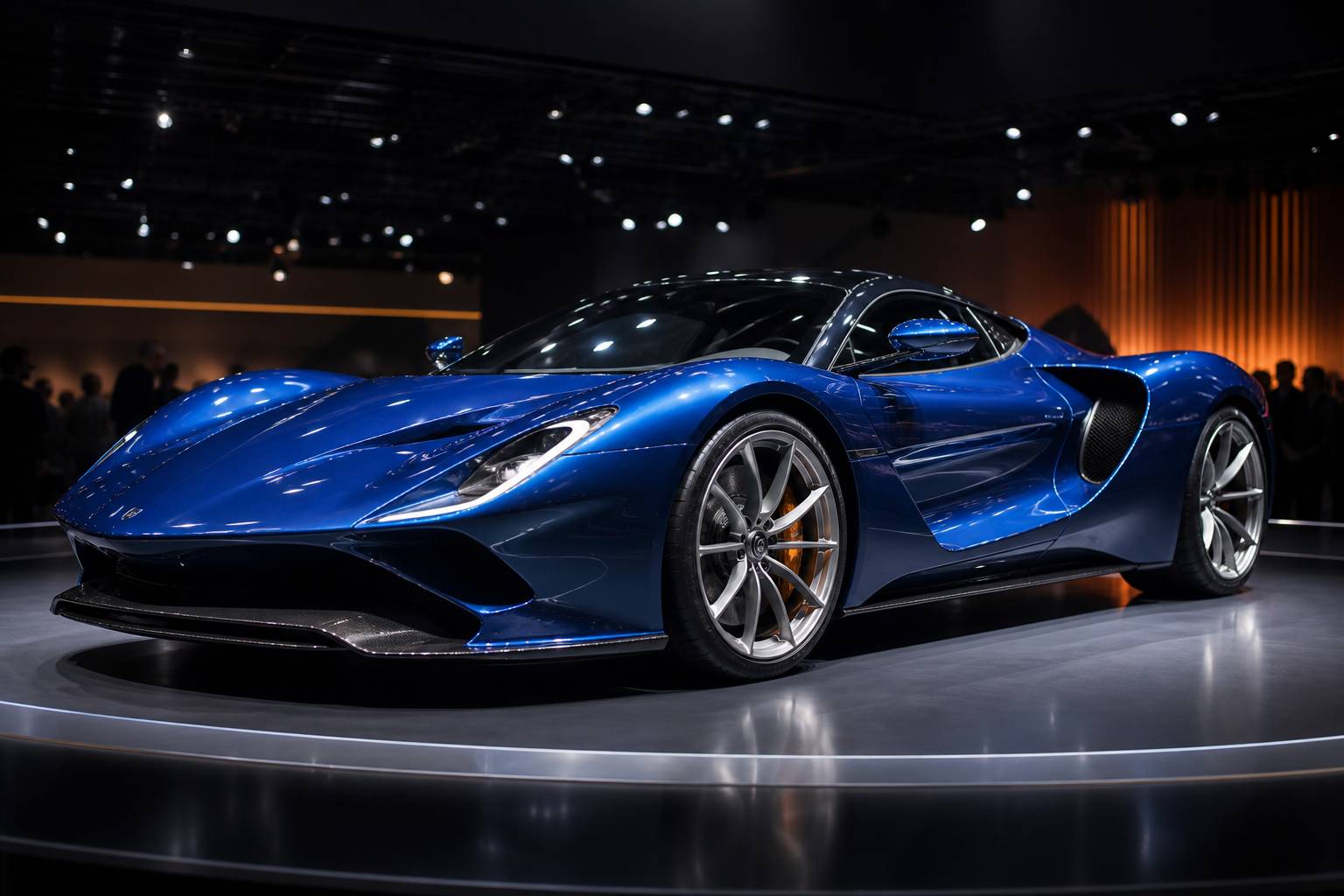Supercar générique bleu profond sur un podium de salon automobile avec projecteurs