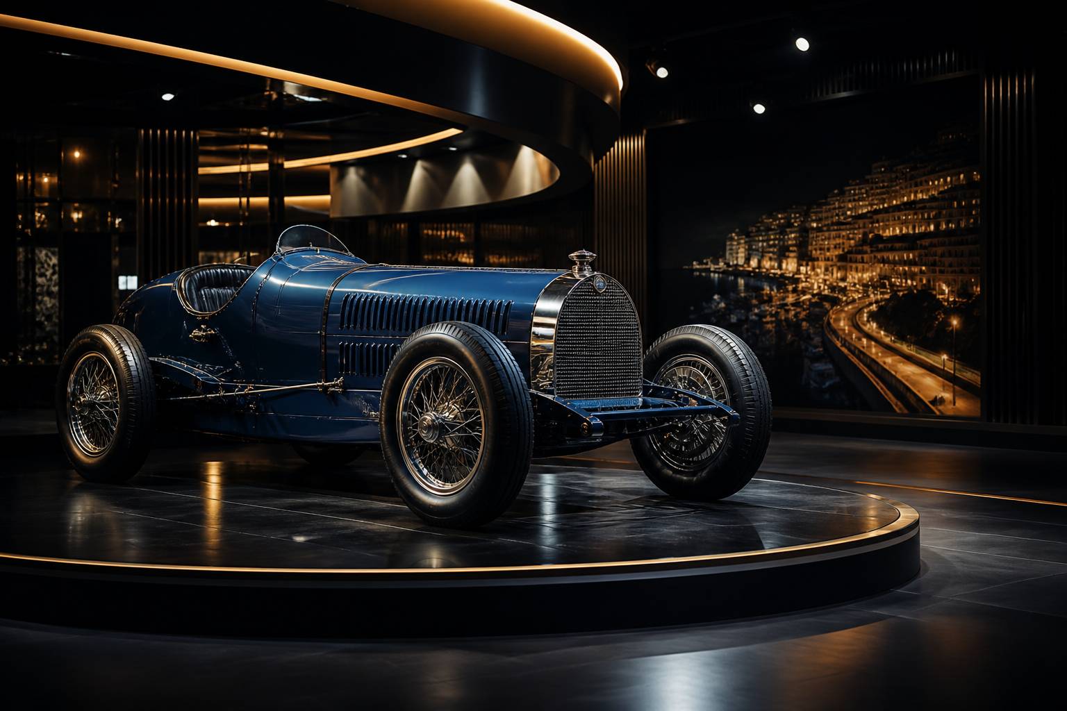 Voiture de course classique bleue des années 1920 sur un podium