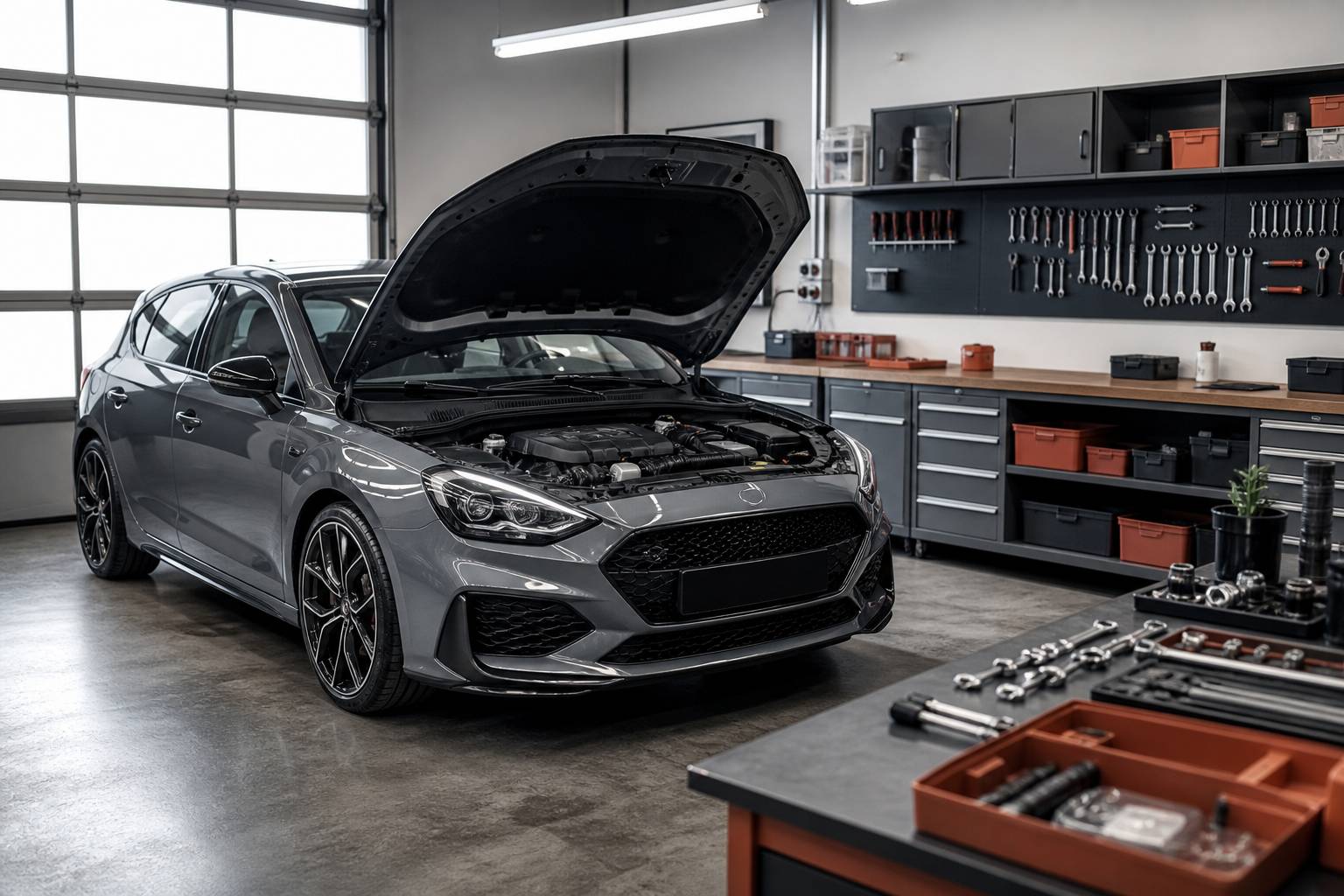 Berline compacte sportive grise au capot ouvert dans un garage