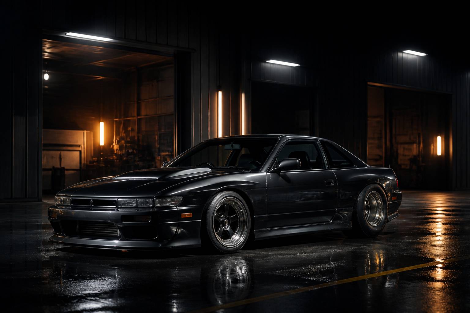 Coupé japonais des années 1990 gris à capot bombé devant un atelier de préparation