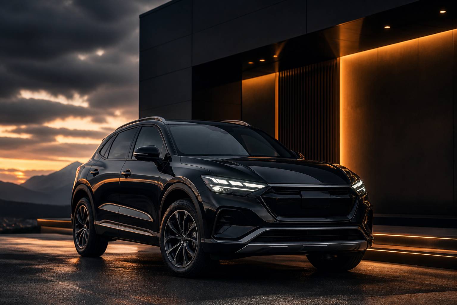 SUV compact générique sombre garé devant un showroom au crépuscule avec éclairage ambré