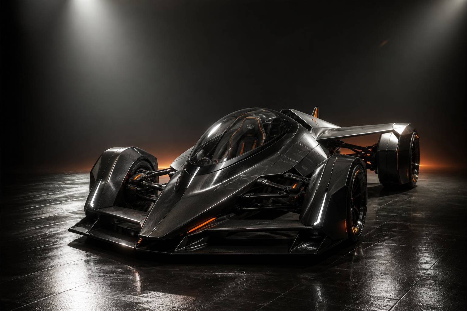 Concept-car monoplace futuriste à verrière de cockpit dans un showroom