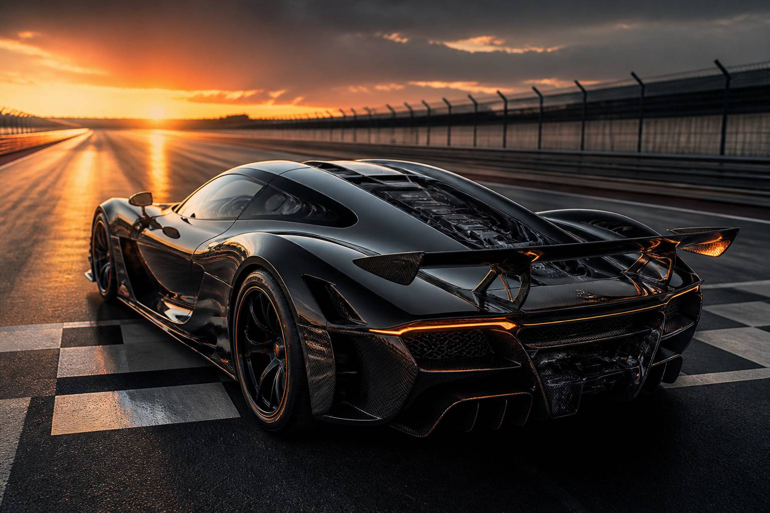 Hypercar aérodynamique au design de Formule 1 sur circuit au crépuscule