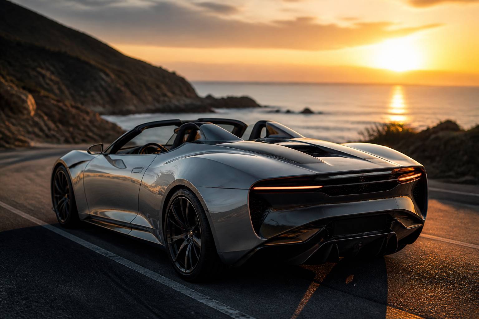 Supercar roadster argentee au toit ouvert sur une route cotiere au coucher du soleil