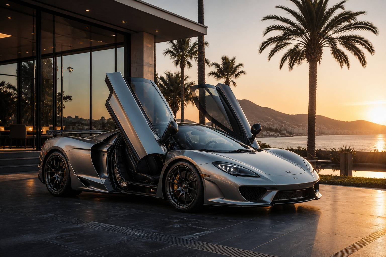Supercar classique grise à portes papillon devant une villa moderne