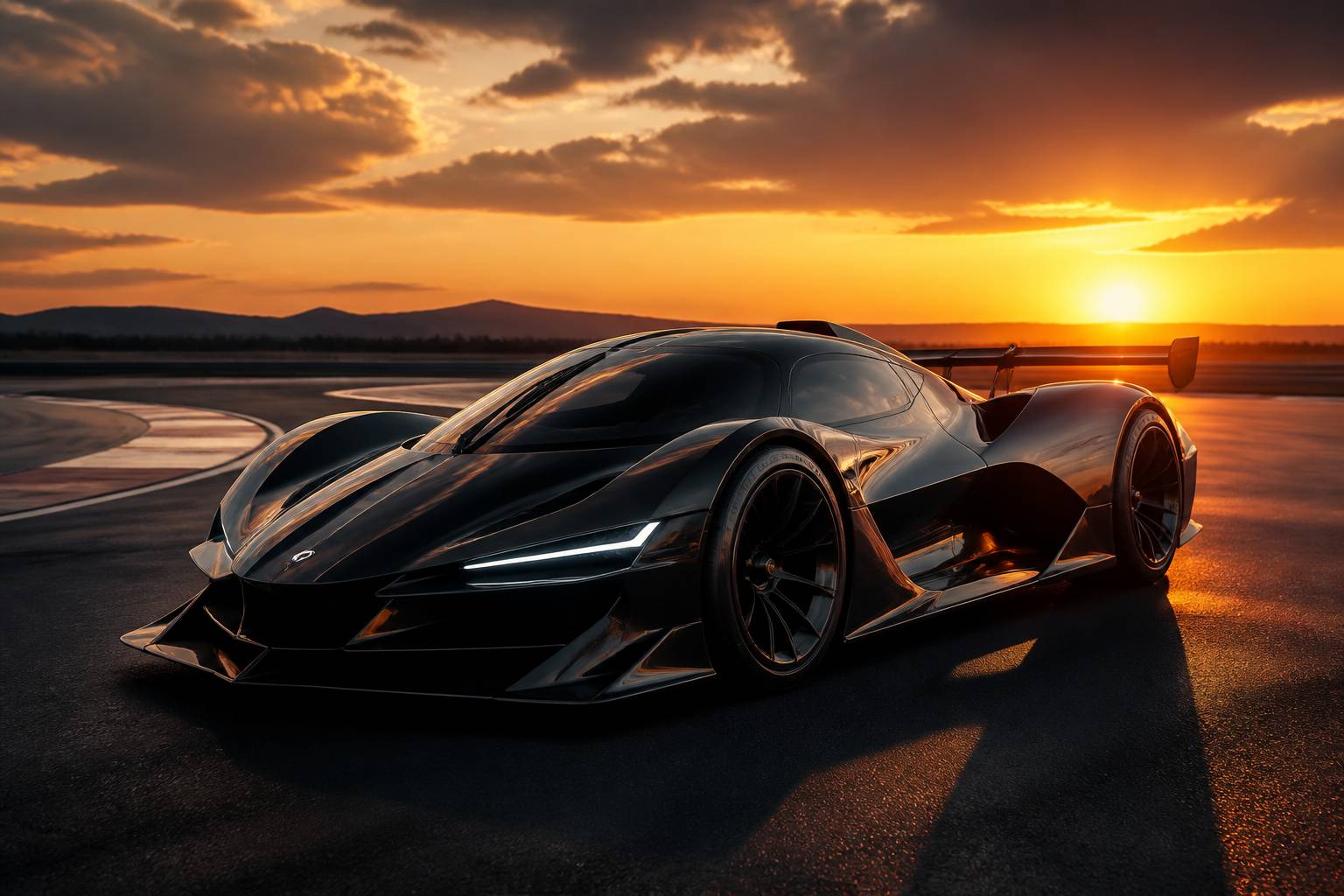 Supercar hybride futuriste au long capot sur une piste au coucher du soleil