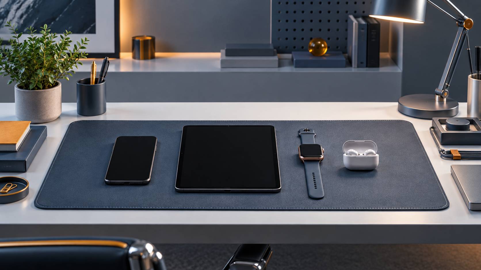 Smartphone, tablette, montre connectée et écouteurs alignés sur un bureau clair