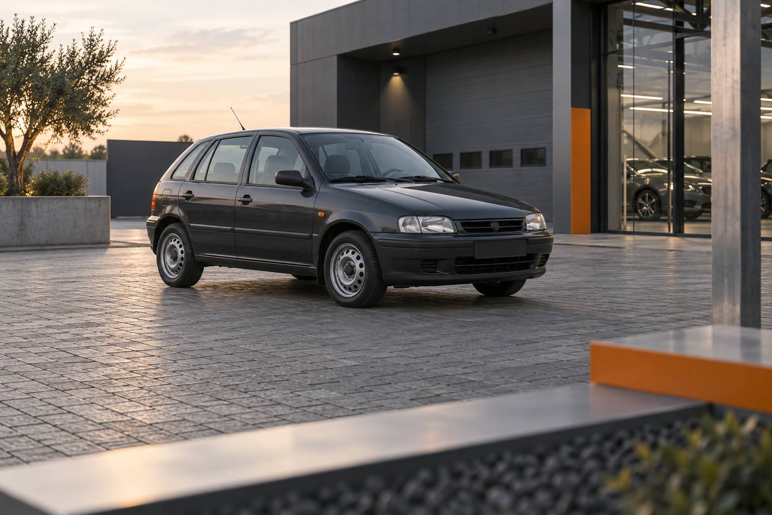 Compacte diesel generique des annees 1990 sur parking, hayon 5 portes et jantes en acier