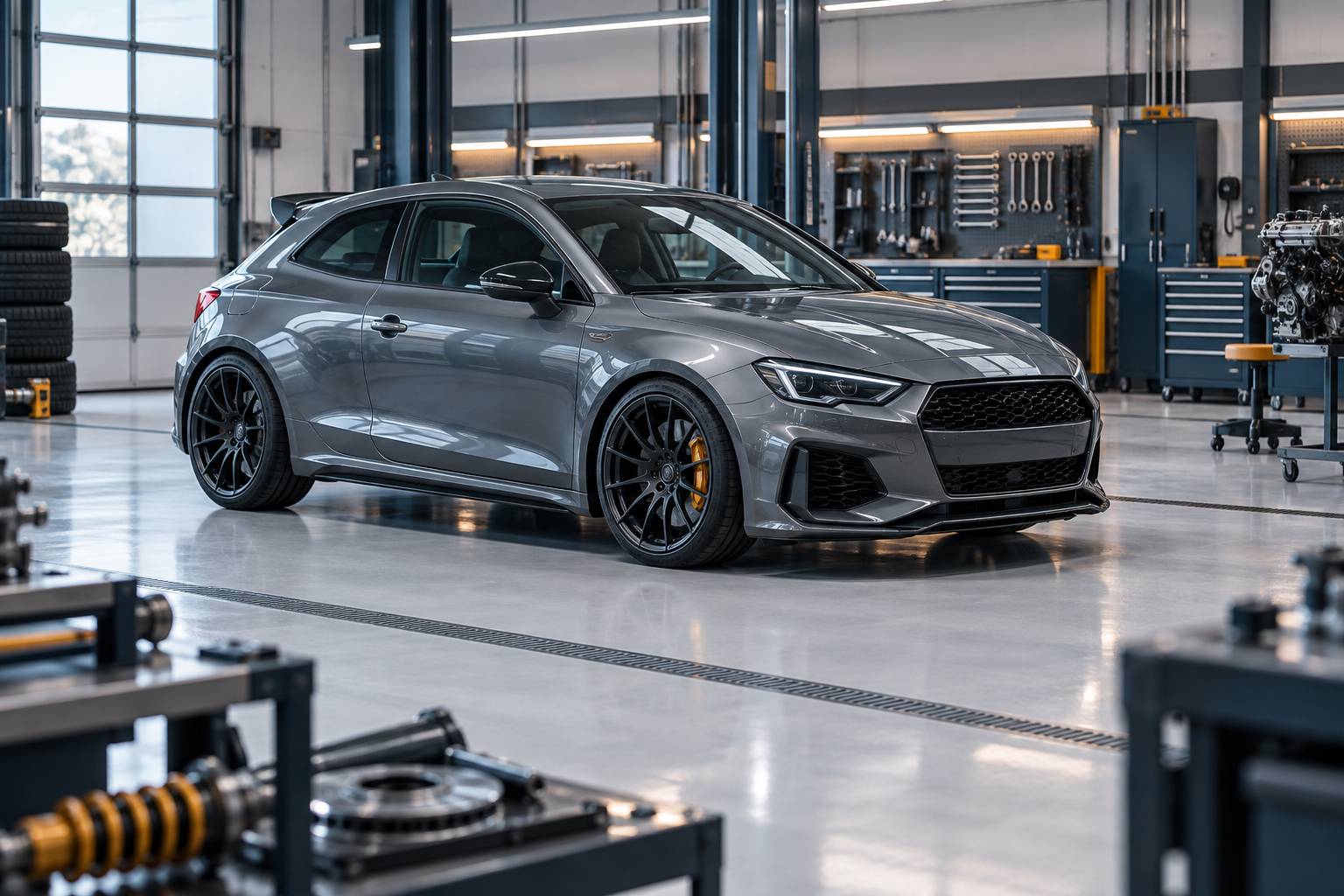 Compacte sportive générique grise sans marque dans un garage propre