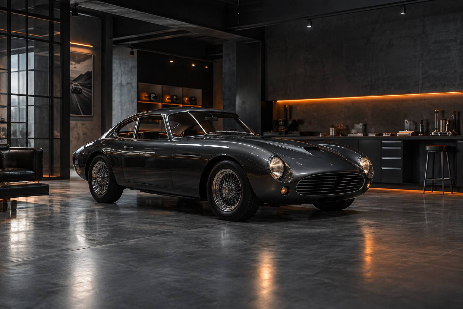 Coupé sportif ancien sombre aux lignes rondes dans un atelier-showroom