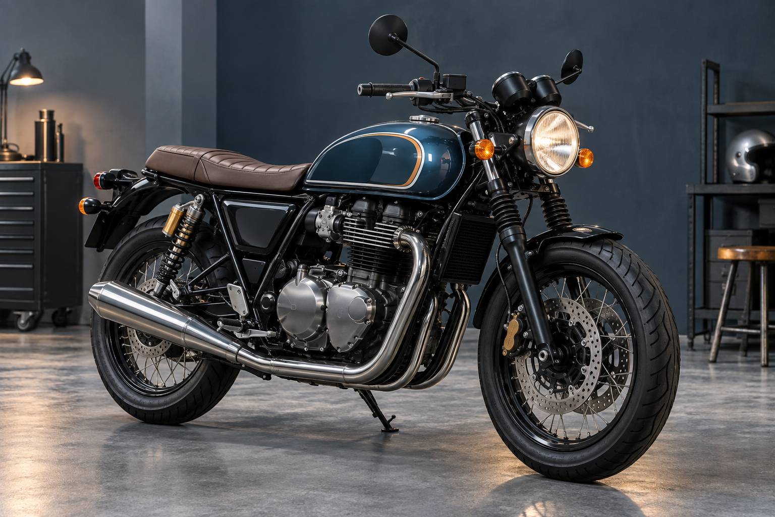 Détail du flanc d'une moto néo-rétro avec phare rond et échappement chromé