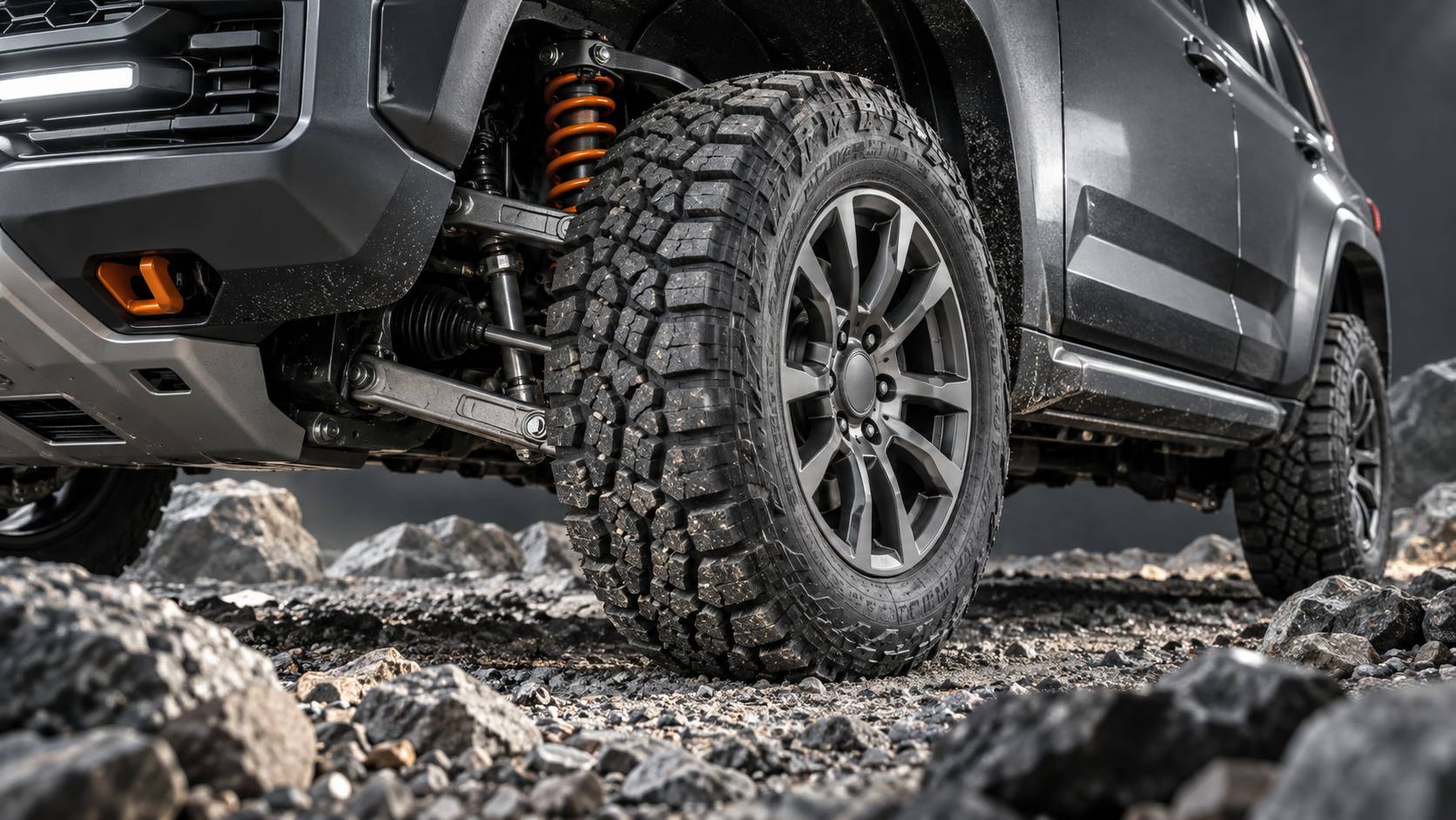 Détail d'une roue et de la suspension d'un grand SUV tout-terrain