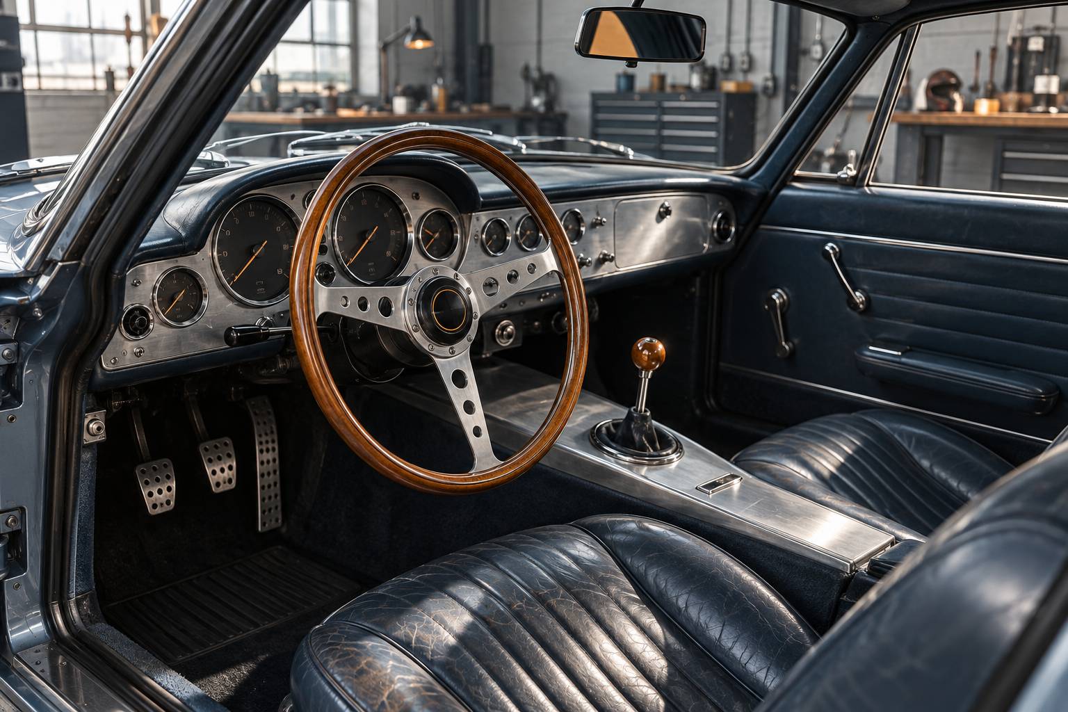 Volant en bois et compteur d'un coupé sport ancien