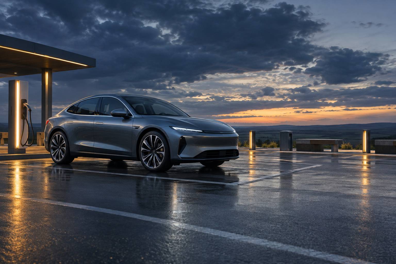 Berline électrique générique stationnée sur une aire d'autoroute au crépuscule