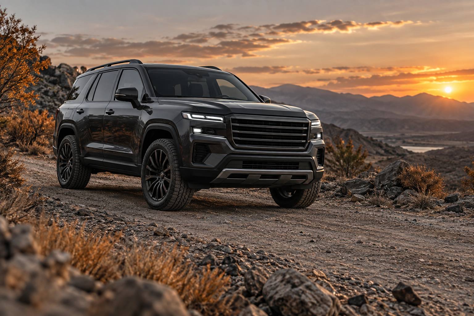 Grand SUV noir massif stationné sur un chemin de terre
