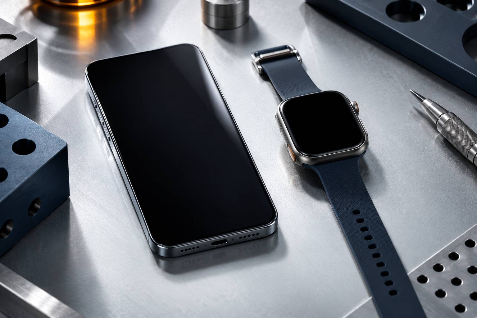 Gros plan sur un smartphone et une montre connectée aux écrans éteints