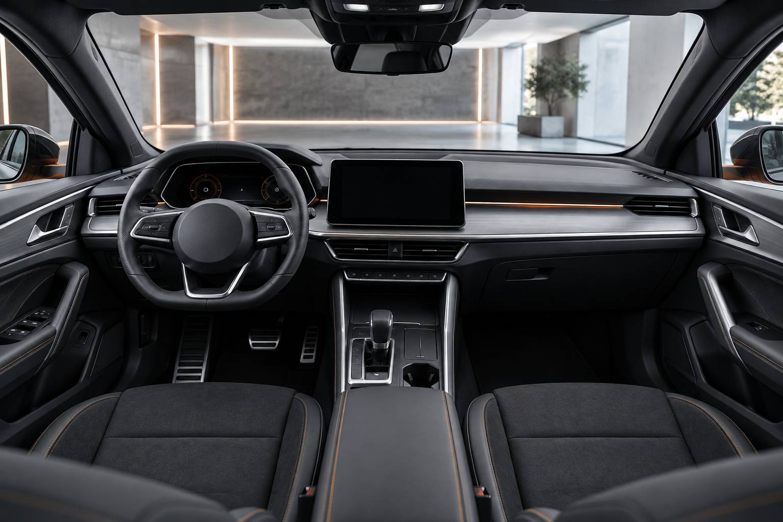 Intérieur de compacte générique avec petit volant et instrumentation haute