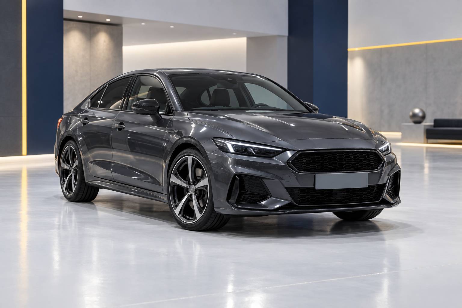 Berline compacte sportive generique gris anthracite dans un showroom neutre