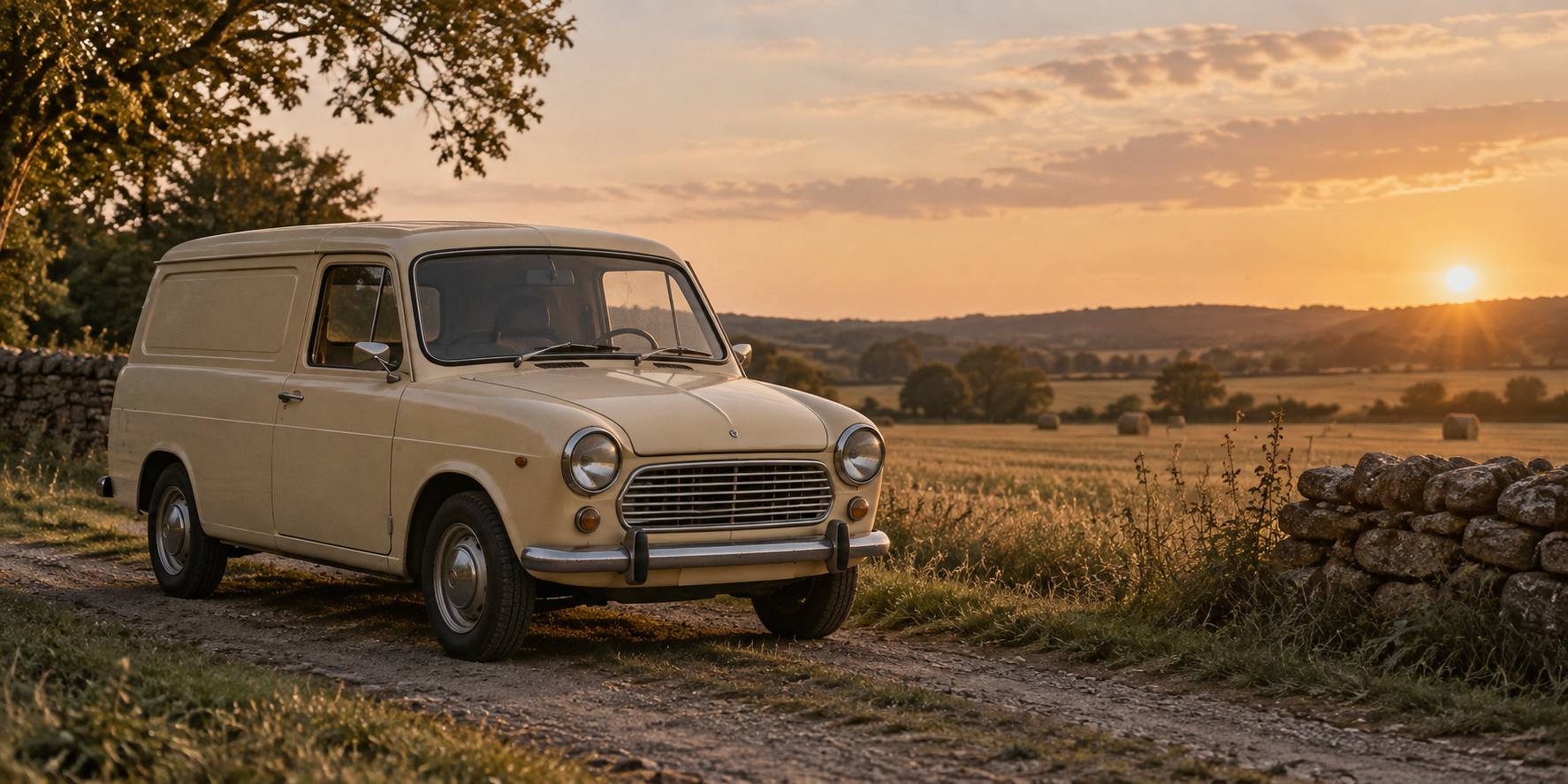 Petite voiture française ancienne beige garée sur un chemin de campagne