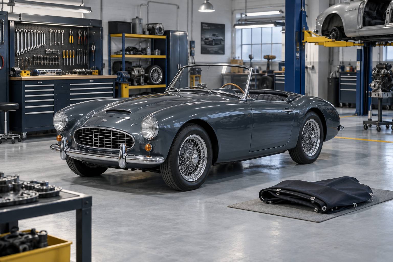 Petit roadster classique décapoté en cours de restauration dans un atelier