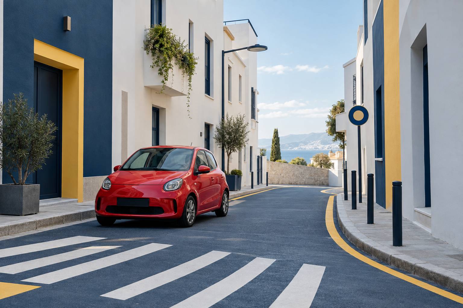 Petite citadine compacte rouge stationnée dans une rue urbaine étroite