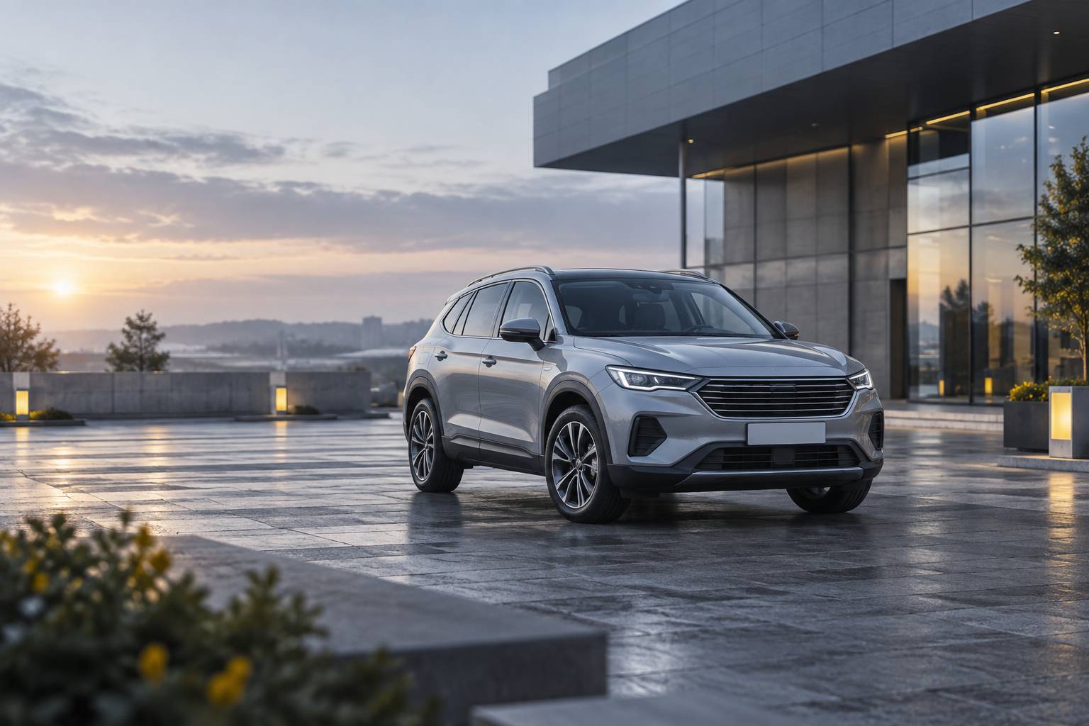SUV compact generique gris clair stationne sur une aire pavee au petit matin